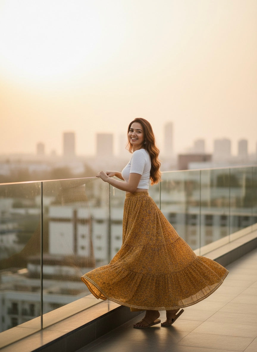 Mustard Floral Cotton Skirt – Free Size