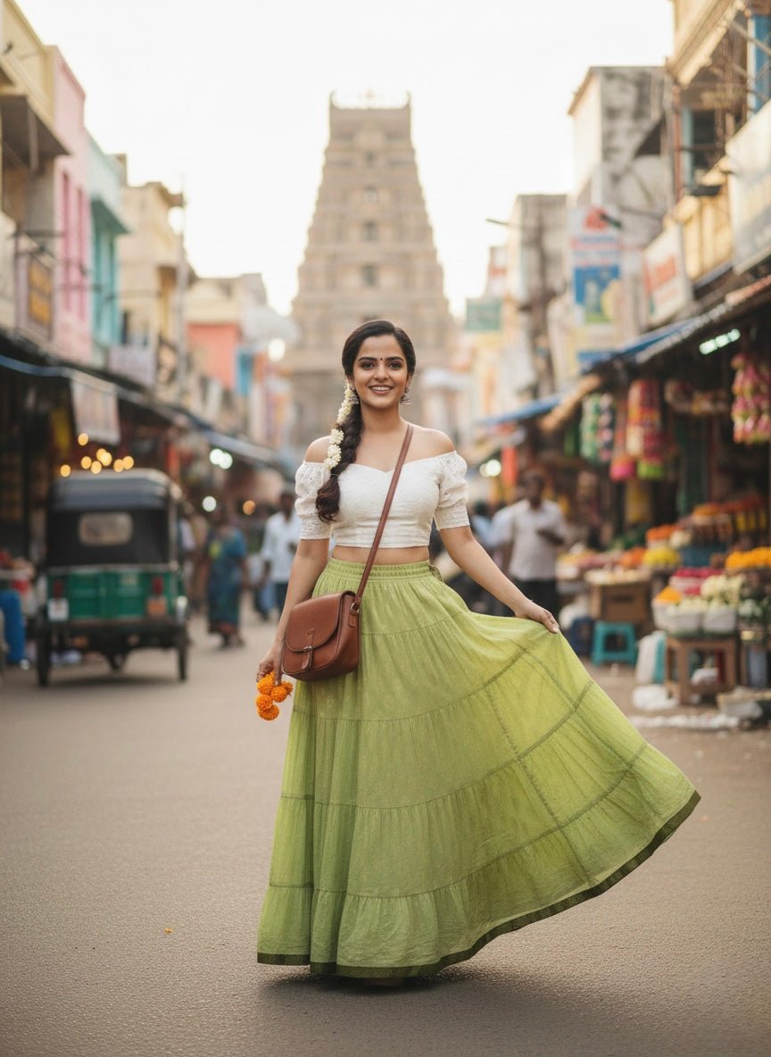 Light Green Tiered Cotton Skirt – Free Size