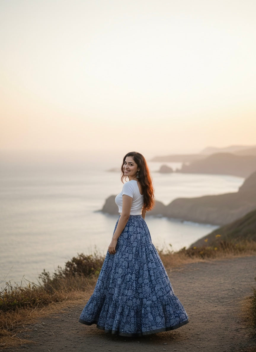 Navy Blue Floral Cotton Skirt – Free Size