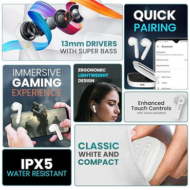 FLiX (Beetel Nitro Buds T12 Ear Buds True Wireless,13MM Drivers & Super Bass,BT v5.0,Low Latency,IPX5 Water Resistant,Ultra Light,Type C Charging,Voice Assistant (T12, White)