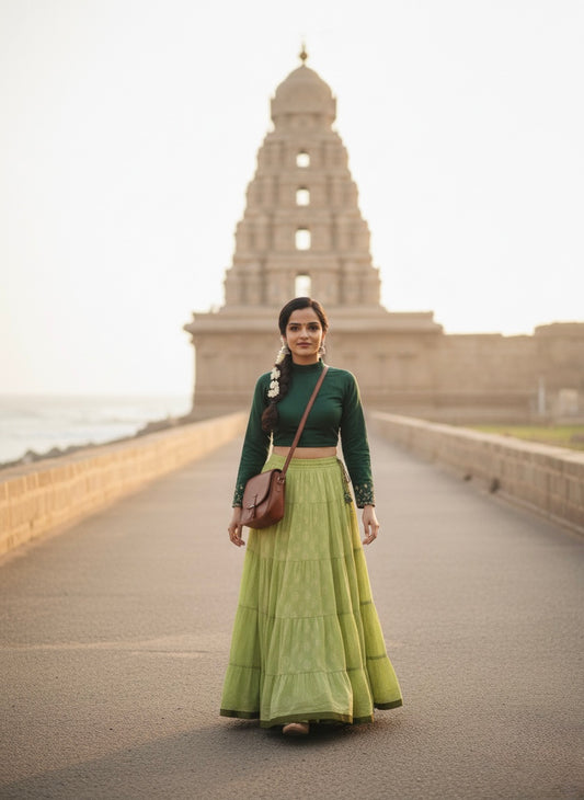 Light Green Tiered Cotton Skirt – Free Size