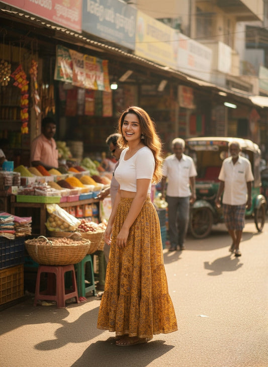 Mustard Floral Cotton Skirt – Free Size