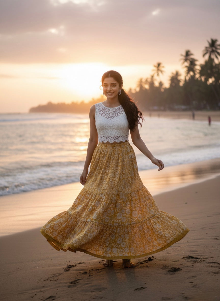 Mustard Floral Cotton Skirt – Free Size