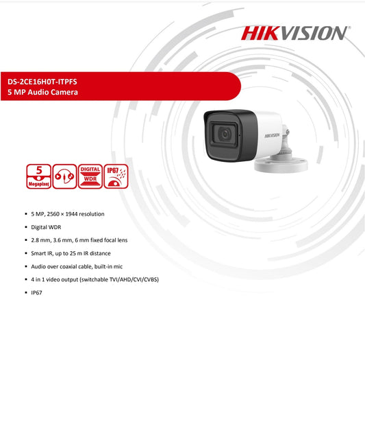 Hikvision 5MP Colour Camera Bullet DS-2CE16HOT-ITPFS