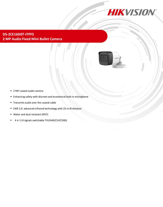 Hikvision 2MP Bullet DS-2CE16DOT-ITPFS 3.6mm