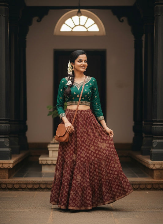 Maroon Printed Cotton Skirt – Free Size