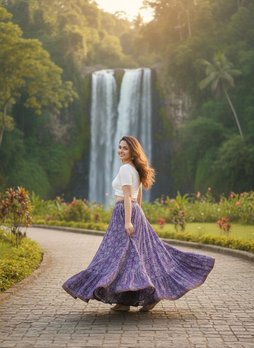 Purple Floral Cotton Skirt – Free Size