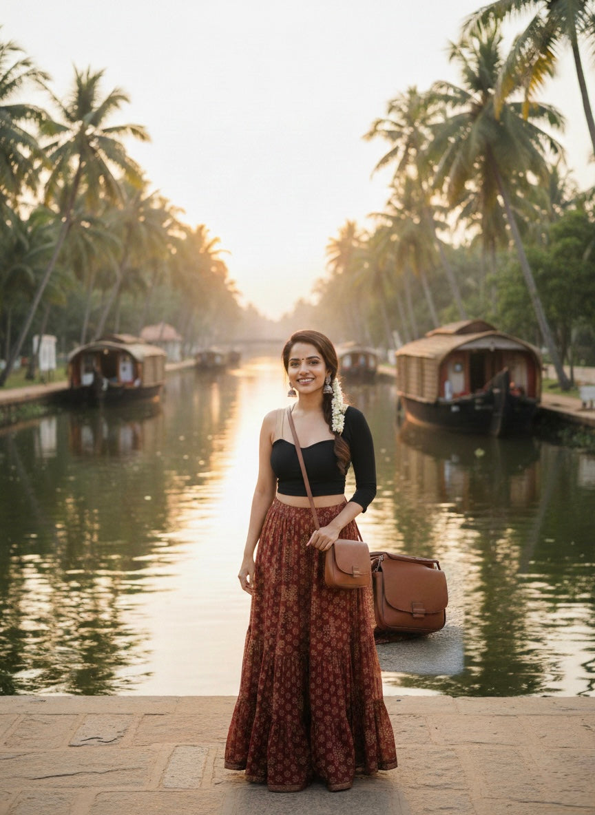 Maroon Printed Cotton Skirt – Free Size