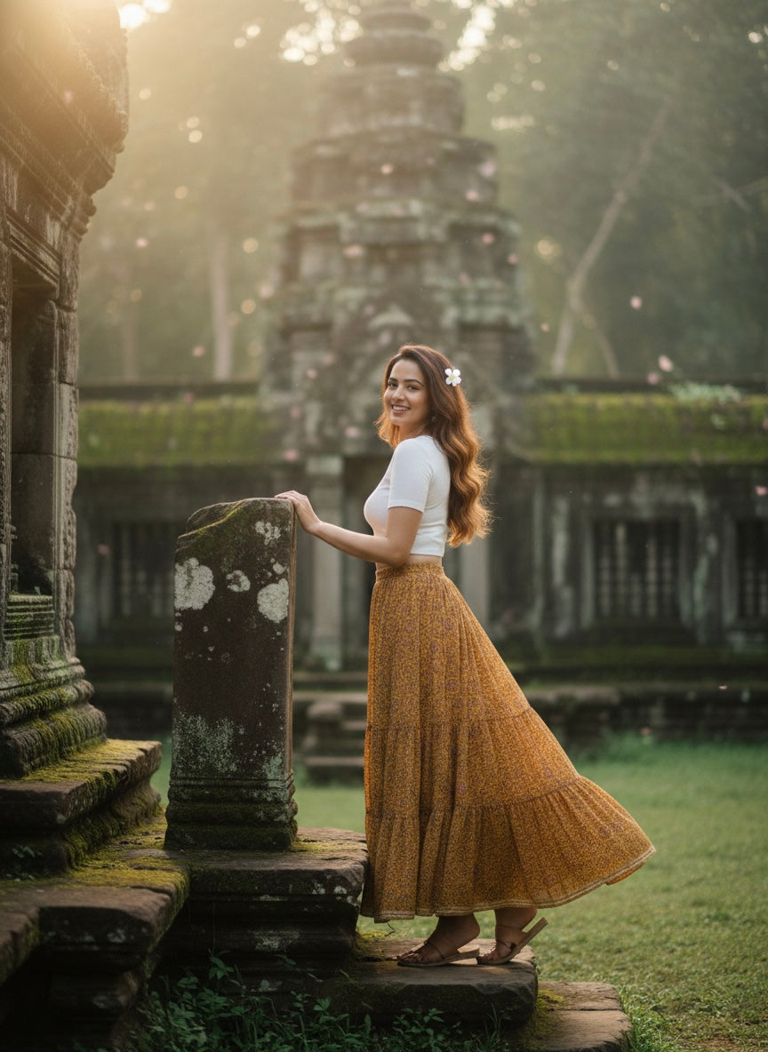 Mustard Floral Cotton Skirt – Free Size