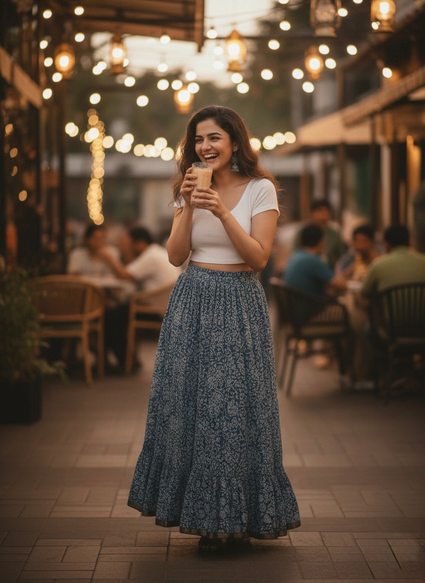 Navy Blue Floral Cotton Skirt – Free Size