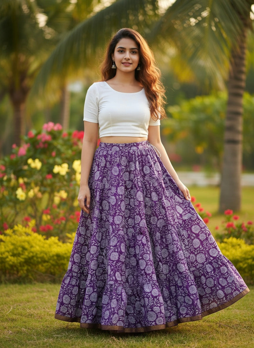 Purple Floral Cotton Skirt – Free Size