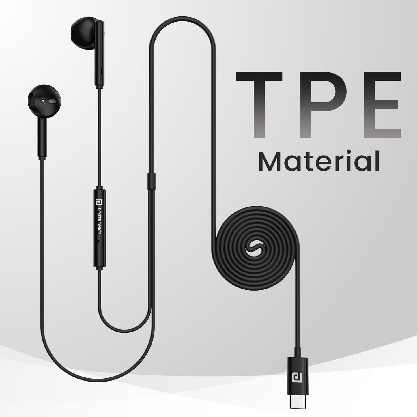 Portronics Conch Theta C in Ear Type C Wired Earphones with in Line HD Mic, Powerful Audio, 14.2mm Driver, Unique Earbuds Design, TPE Anti Tangle Wire, in line Controls, Wide Compatibility(Black)