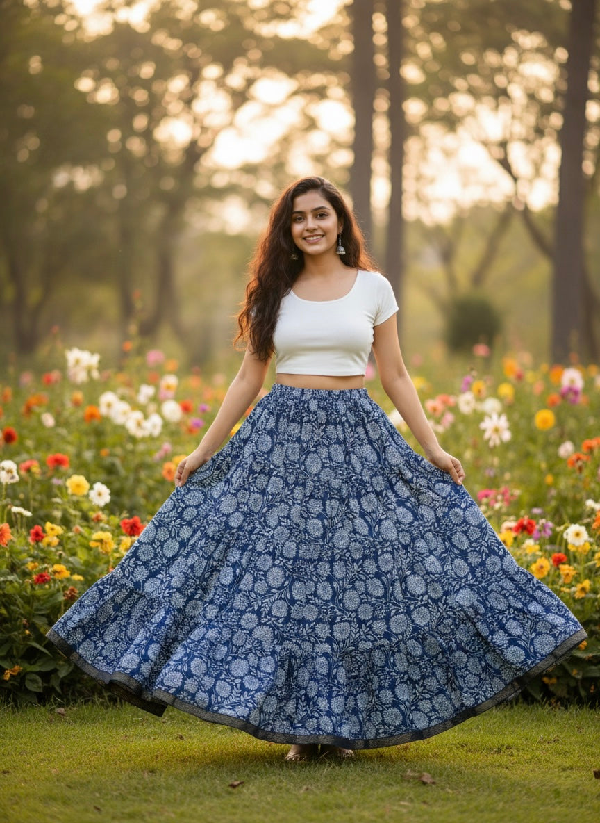 Navy Blue Floral Cotton Skirt – Free Size