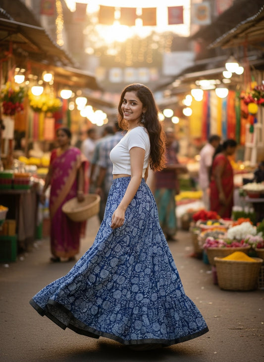 Navy Blue Floral Cotton Skirt – Free Size