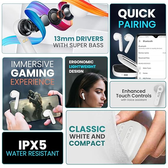 FLiX (Beetel Nitro Buds T12 Ear Buds True Wireless,13MM Drivers & Super Bass,BT v5.0,Low Latency,IPX5 Water Resistant,Ultra Light,Type C Charging,Voice Assistant (T12, White)