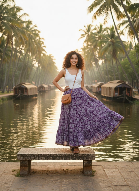 Purple Floral Cotton Skirt – Free Size