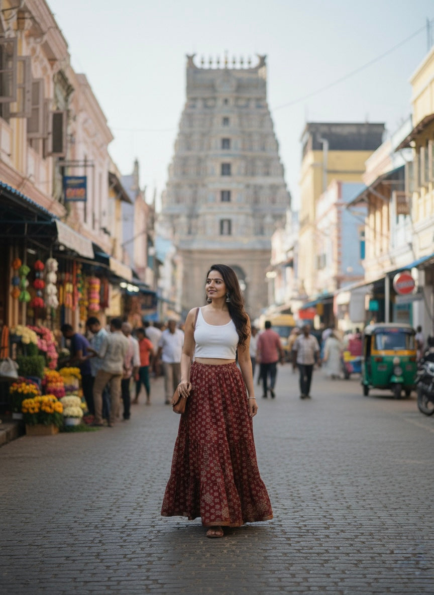 Maroon Printed Cotton Skirt – Free Size