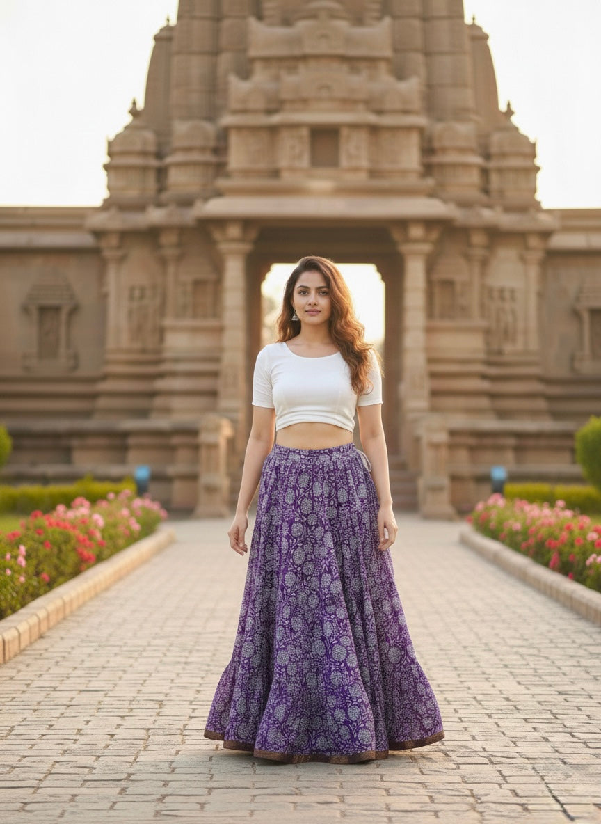 Purple Floral Cotton Skirt – Free Size