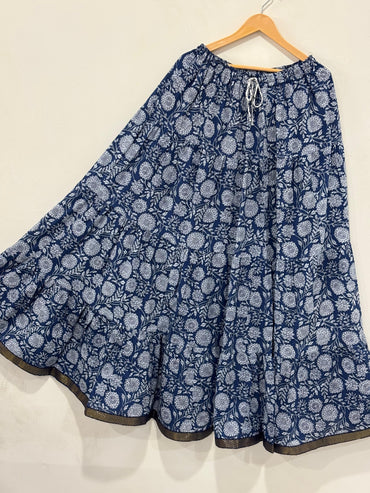 Navy Blue Floral Cotton Skirt – Free Size
