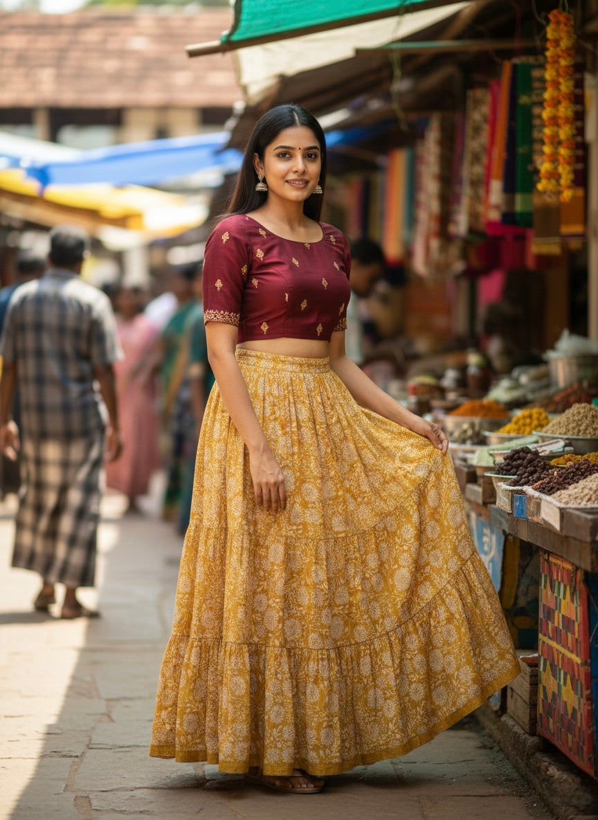 Mustard Floral Cotton Skirt – Free Size
