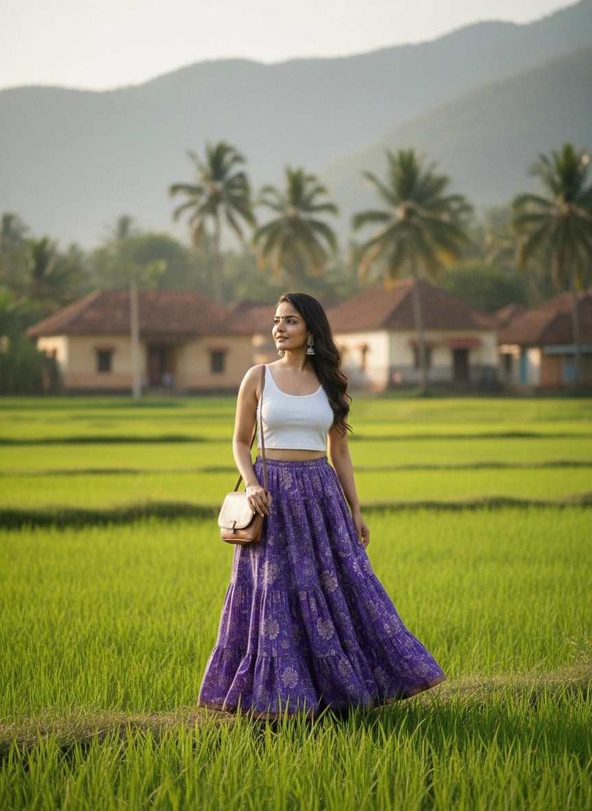 Purple Floral Cotton Skirt – Free Size