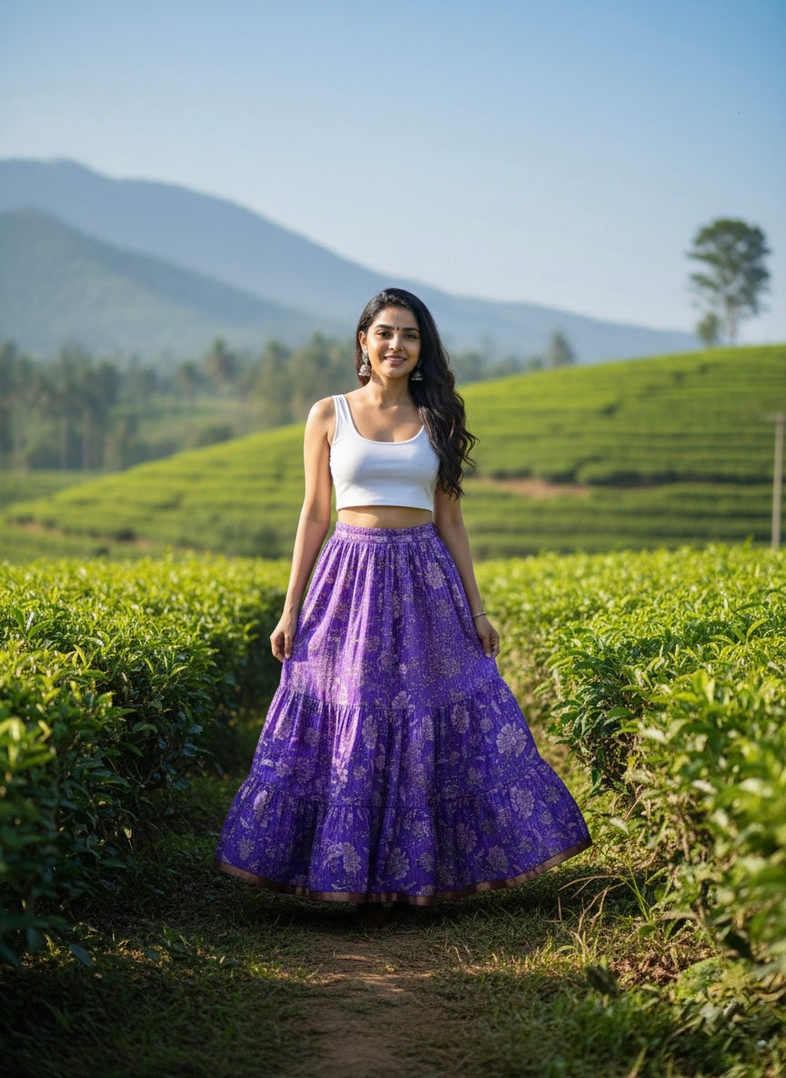 Purple Floral Cotton Skirt – Free Size