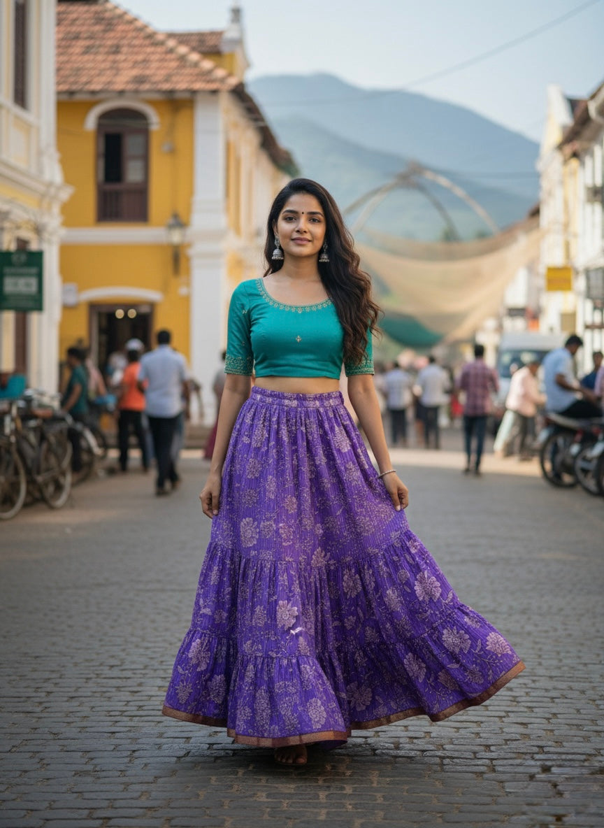 Purple Floral Cotton Skirt – Free Size