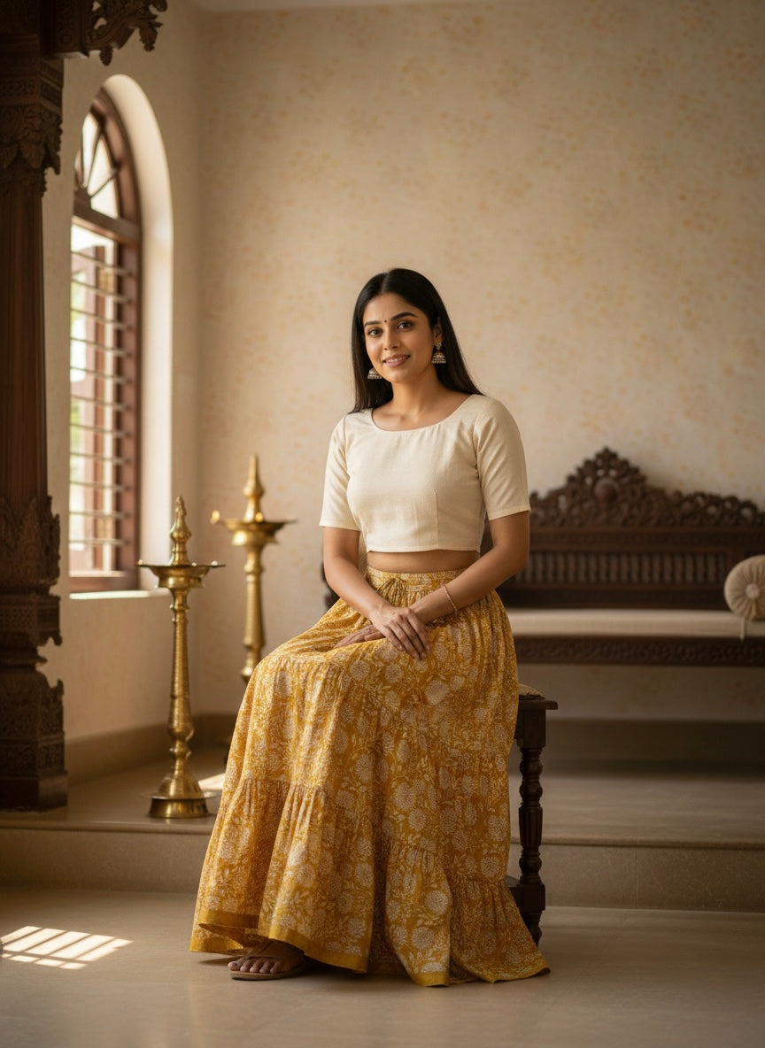 Mustard Floral Cotton Skirt – Free Size