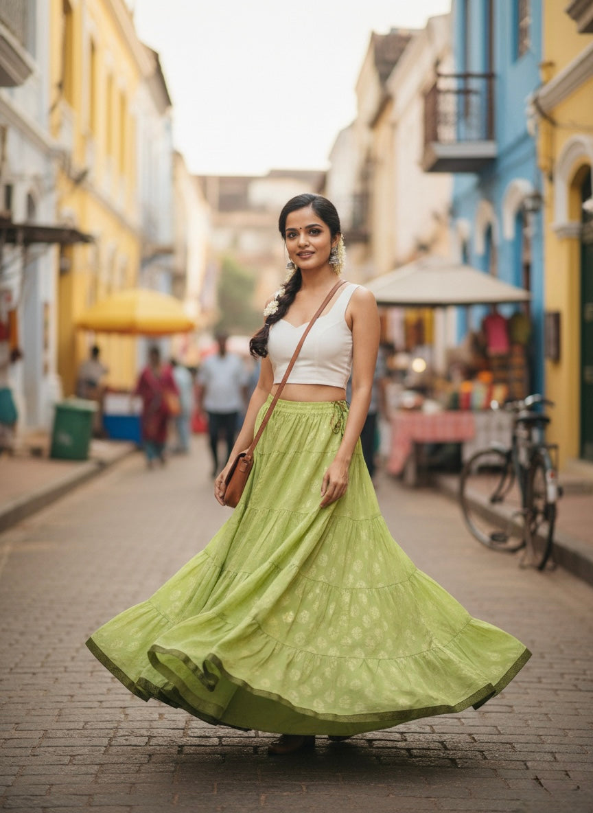 Light Green Tiered Cotton Skirt – Free Size