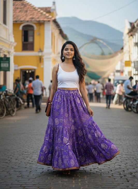 Purple Floral Cotton Skirt – Free Size