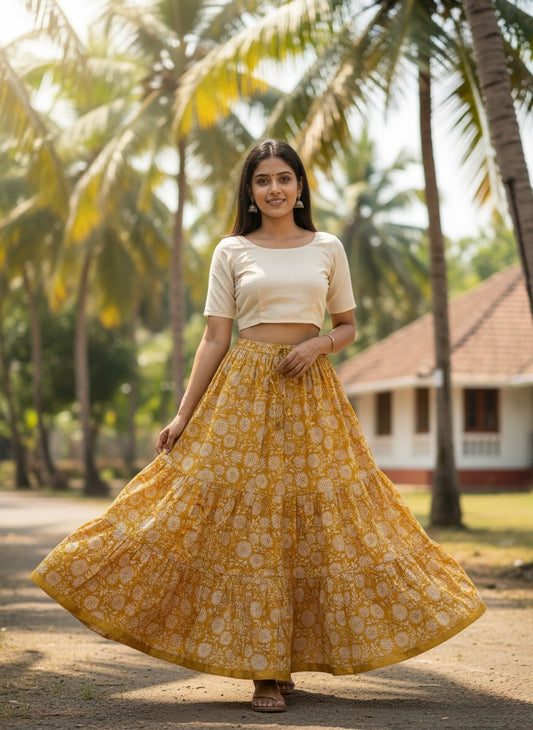 Mustard Floral Cotton Skirt – Free Size