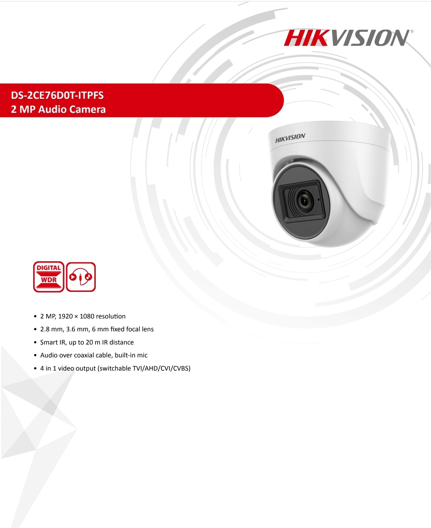Hikvision 2MP Colour Camera Dome DS-2CE76DOT-ITPFS