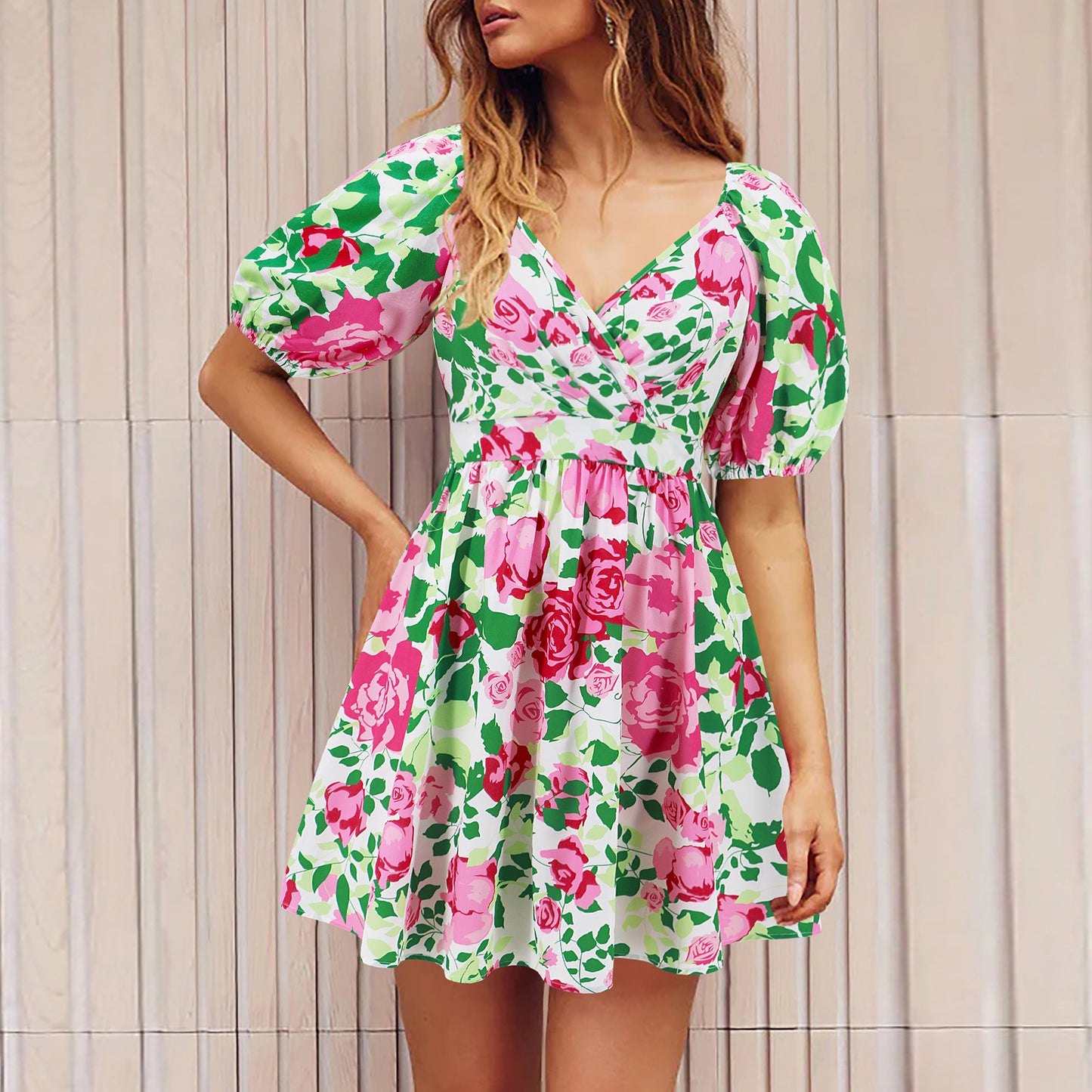 Flowers Print V-Neck Lantern-sleeve Dress Y2K Summer Vacation Beach Short Dresses Fashion Womens Clothing